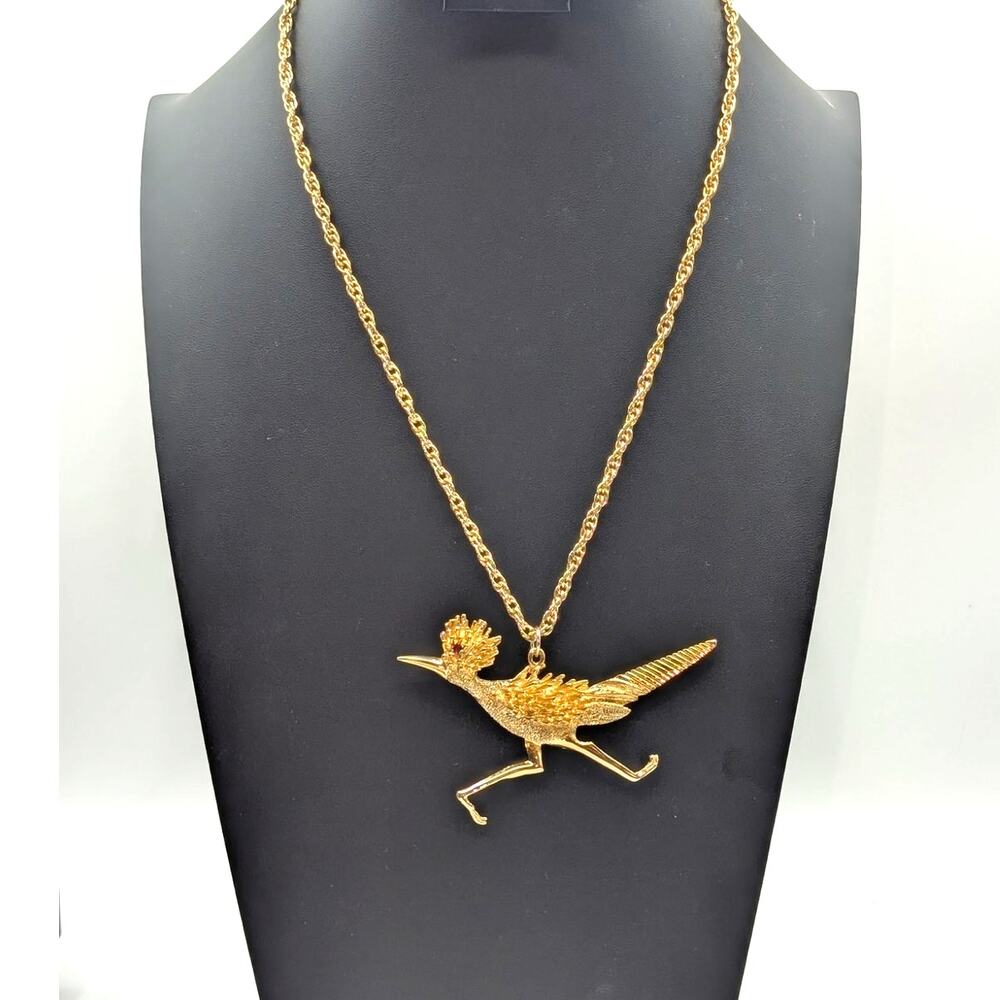 Roadrunner Circa 1970 Chunky Gold Plated On the Run Roadrunner Pendant Necklace